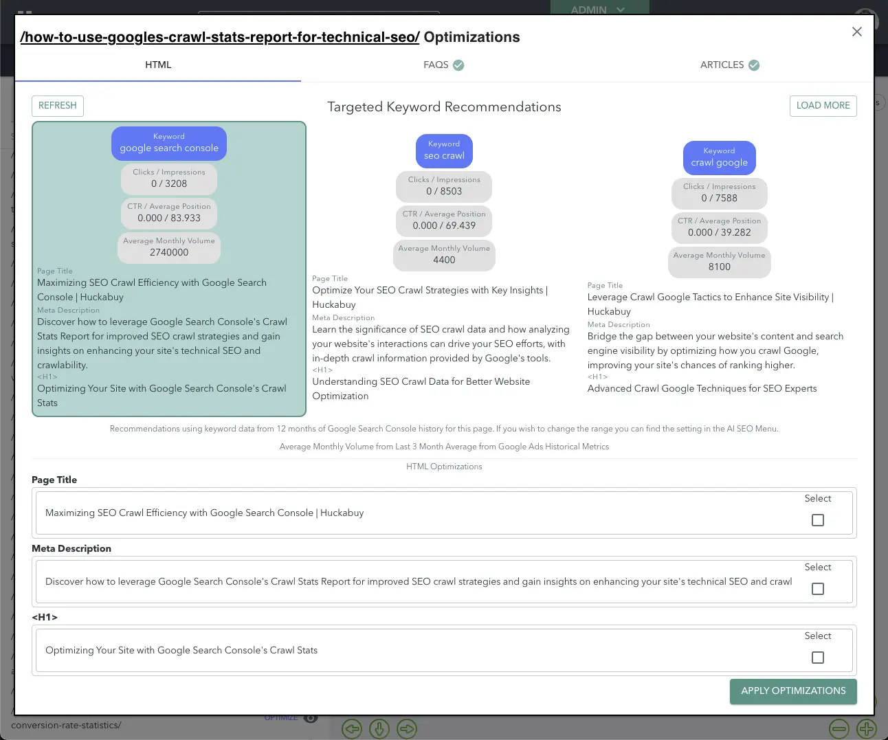 AI SEO Dashboard Generation Interface
